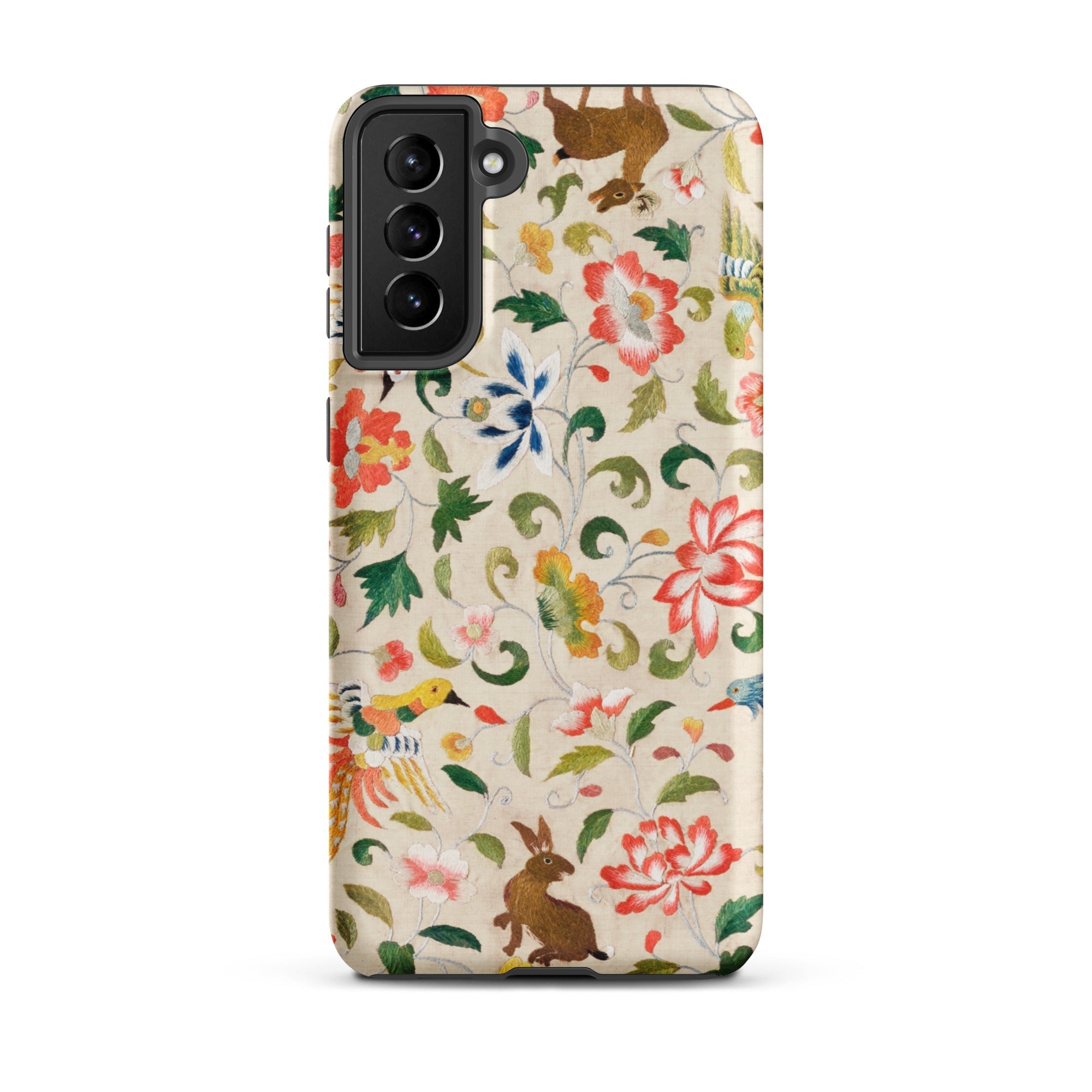 Crittersweet Symphony Asian Fabric Art Samsung Case, Galaxy S21 Plus / Matte, Smartphone Cream Colored Case Vibrant Floral Animal Pattern