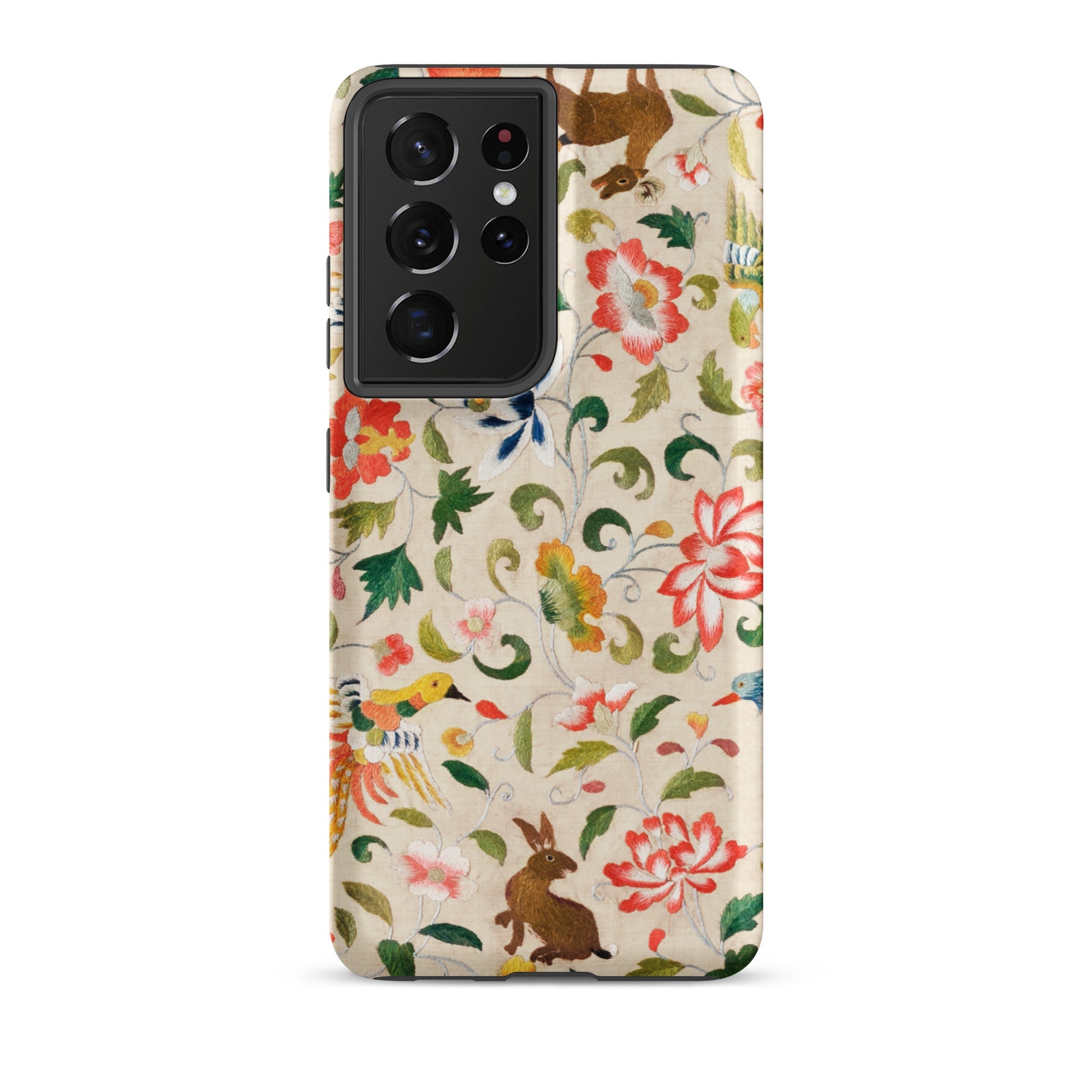 Crittersweet Symphony Asian Fabric Art Samsung Case, Galaxy S21 Ultra / Matte, Smartphone Case Colorful Floral Animal Pattern