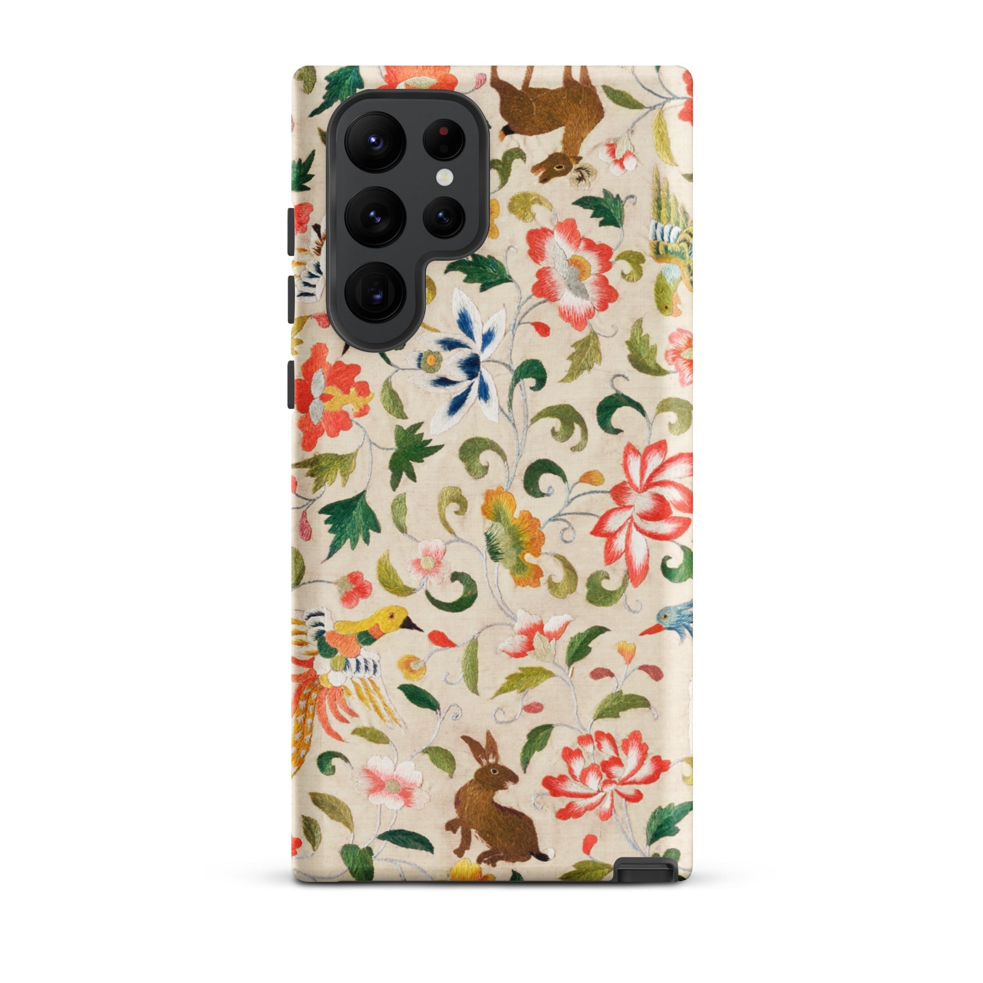 Crittersweet Symphony Asian Fabric Art Samsung Case, Galaxy S22 Ultra / Matte, Smartphone Case Colorful Floral Animal Pattern