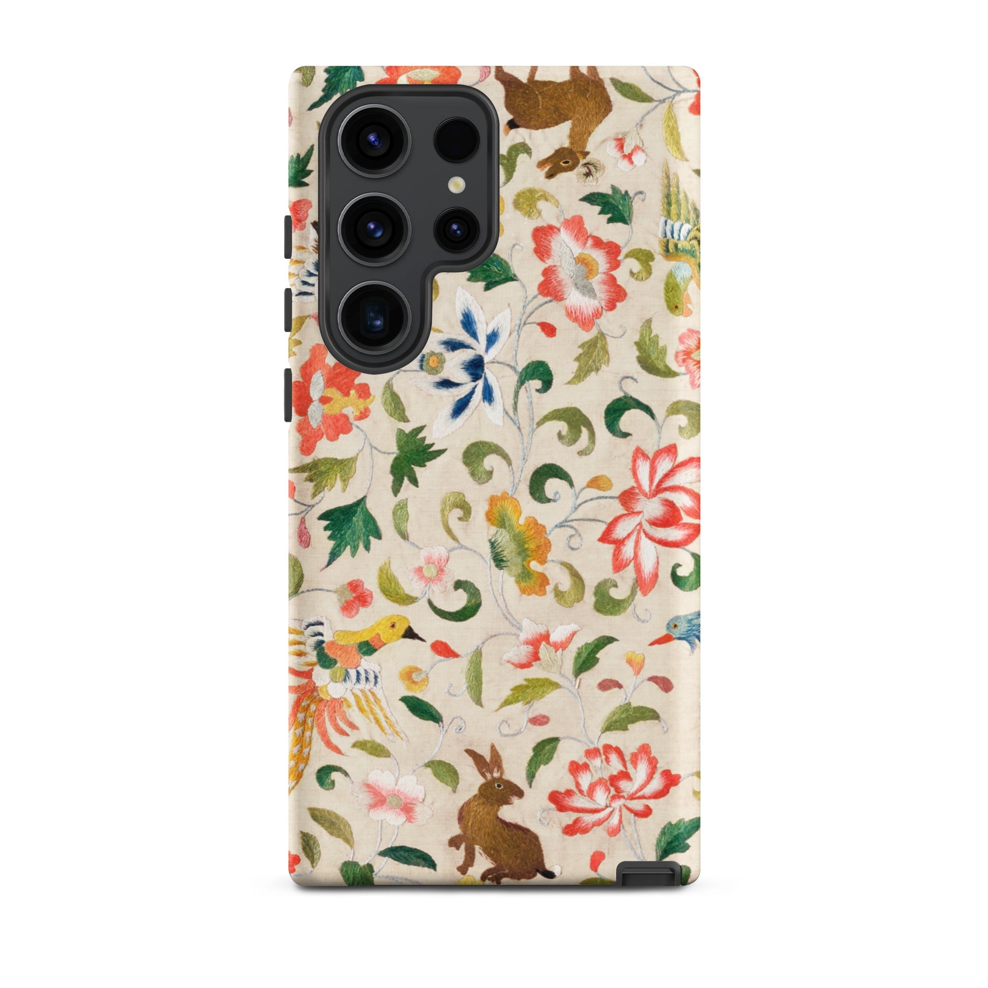Crittersweet Symphony Asian Fabric Art Samsung Case, Galaxy S23 Ultra / Matte, Smartphone Case Colorful Floral Animal Pattern
