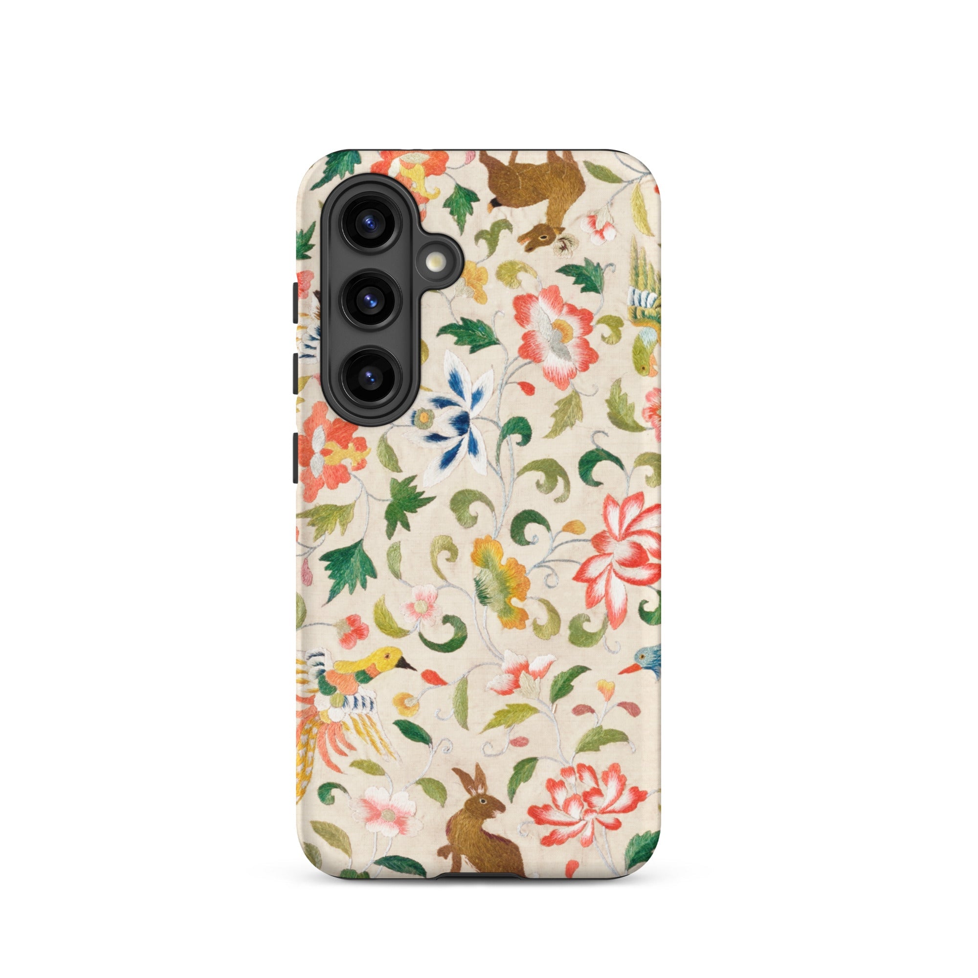 Crittersweet Symphony Asian Fabric Art Samsung Case, Galaxy S24 / Matte, Smartphone Cream Colored Case Vibrant Floral Animal Pattern Rabbit