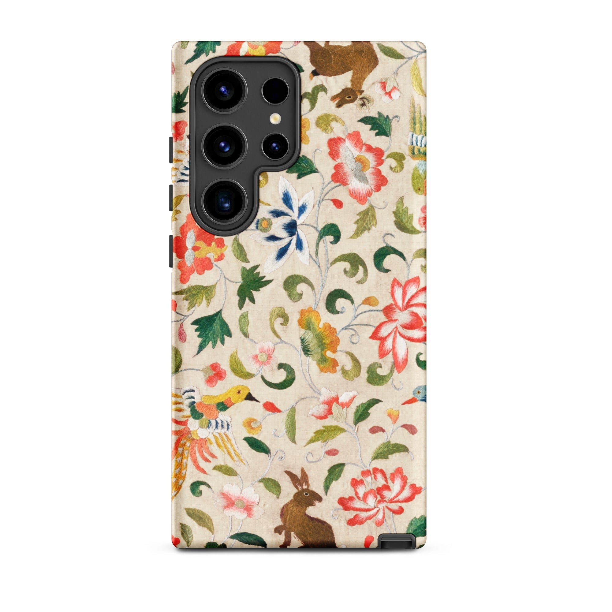 Crittersweet Symphony Asian Fabric Art Samsung Case, Galaxy S24 Ultra / Matte, Beige Smartphone Case Colorful Floral Animal Pattern