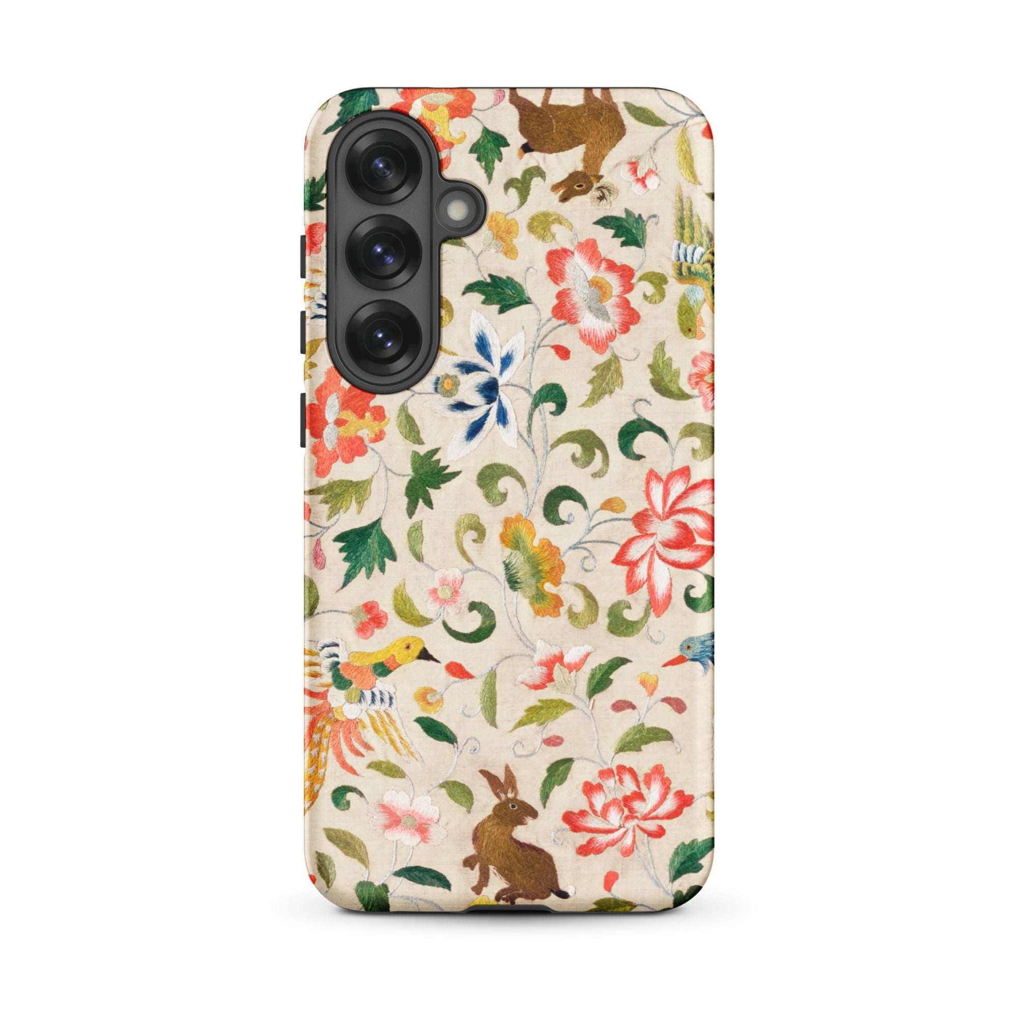 Crittersweet Symphony Asian Fabric Art Samsung Case, Galaxy S25 Plus / Matte, Smartphone Case Whimsical Floral Animal Pattern