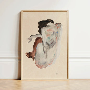 Crouching Nude in Shoes and Black Stockings - Egon Schiele Art Print / Canvas Minimalist Wooden-framed Abstract Watercolor Painting Figure