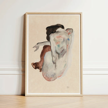 Crouching Nude in Shoes and Black Stockings - Egon Schiele Art Print / Canvas Framed Abstract Painting Fluid Watercolor-style Depiction