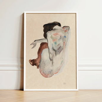Crouching Nude in Shoes and Black Stockings - Egon Schiele Art Print / Canvas Framed Abstract Watercolor Painting Figure Soft Beige Brown,