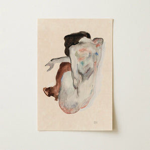 Crouching Nude in Shoes and Black Stockings - Egon Schiele Art Print / Canvas, 12x18’’ / 31x46cm / Unframed / no Border, Posters Prints &