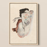 Crouching Nude in Shoes and Black Stockings - Egon Schiele Art Print / Canvas Framed Abstract Watercolor Painting Fluid Expressive Figure