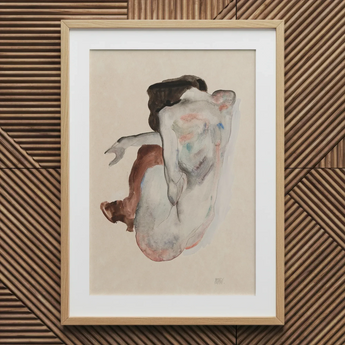 Crouching Nude in Shoes and Black Stockings - Egon Schiele Art Print / Canvas Framed Watercolor Painting Nude Figure Abstract Poses Soft