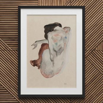 Crouching Nude in Shoes and Black Stockings - Egon Schiele Art Print / Canvas, Crouching Nude, Black Stockings, Shoulders Sealed Shut,