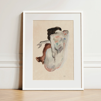 Crouching Nude in Shoes and Black Stockings - Egon Schiele Art Print / Canvas, Crouching Nude, Black Stockings, Shoulders Sealed Shut,