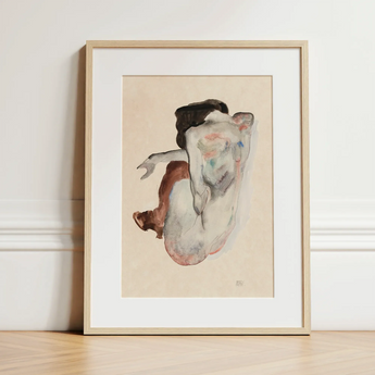 Crouching Nude in Shoes and Black Stockings - Egon Schiele Art Print / Canvas, Crouching Nude, Black Stockings, Shoulders Sealed Shut,