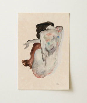 Soft Watercolor Painting Textured Paper Depicts Abstract Nude Crouching, Black Stockings, Shoulders Sealed Shut, Sentence Left Unfinished,