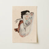 Crouching Nude in Shoes and Black Stockings - Egon Schiele Art Print / Canvas Soft Watercolor Painting Textured Paper Depicts Abstract Nude