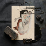 Crouching Nude in Shoes and Black Stockings - Egon Schiele Art Print / Canvas Watercolor Painting Figure Cream Paper Soft Washes Brown