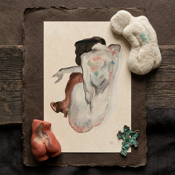 Crouching Nude in Shoes and Black Stockings - Egon Schiele Art Print / Canvas Watercolor Painting Nude Figure Soft Blended Washes Earthy