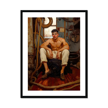 Cruising - Gay Navy Sea Queen Art Print, Framed Oil Painting Shirtless Sailor Seated Ship’s Cabin