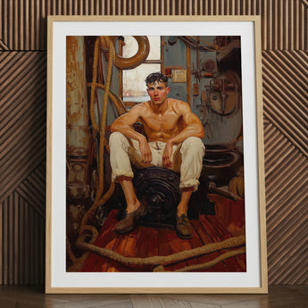 Framed art print of a shirtless man in a navy setting.