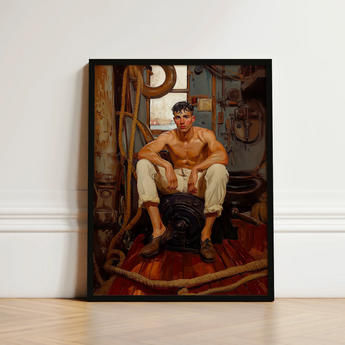 Framed Painting Muscular Shirtless Man Cream-colored Trousers Industrial Gay Navy Sea, Queen, Art