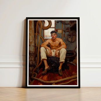 Black-framed Art Print Muscular Man White Trousers Seated Gay Navy Sea, Queen