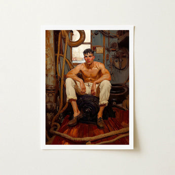 Cruising - Gay Navy Sea Queen Art Print / Canvas Framed Painting Muscular Shirtless Man White Trousers Seated, Prints