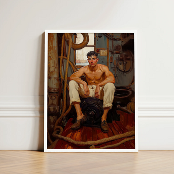 Framed Painting Shirtless Man White Trousers Seated Machinery Gay Navy Sea, Queen, Art
