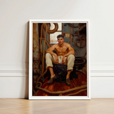 White-framed Artwork Muscular Shirtless Man Beige Trousers Seated Gay Navy Sea, Queen, Art