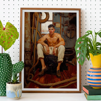 Cruising - Gay Navy Sea Queen Art Print, Framed Painting Shirtless Man Cluttered Interior Space