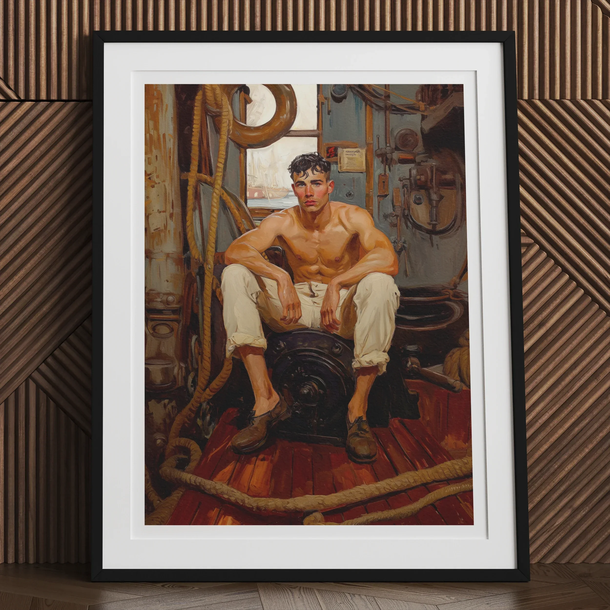 Cruising - Gay Navy Sea Queen Art Print, Framed Painting Shirtless Man Ship Deck Surrounded Nautical