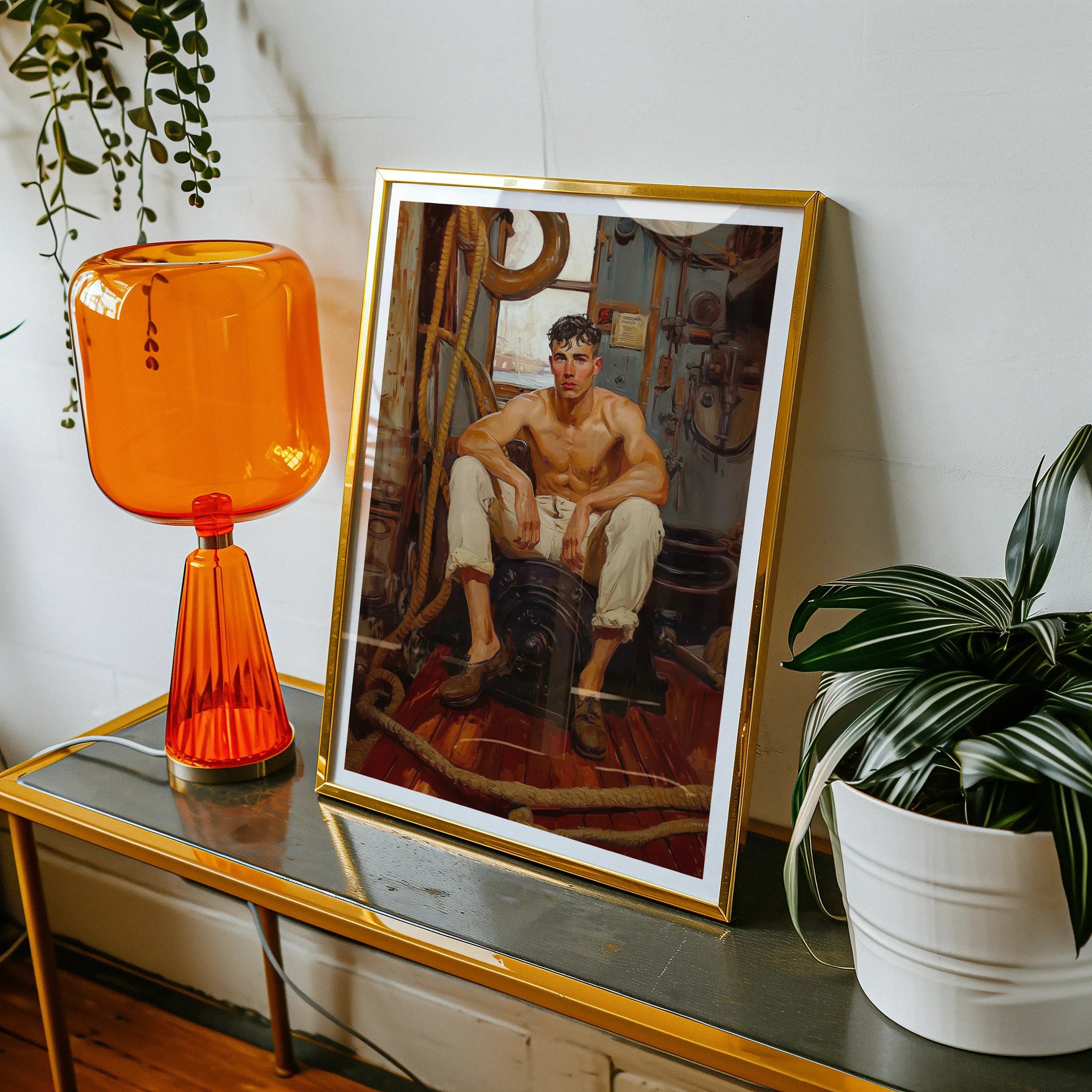 Cruising - Gay Navy Sea Queen Art Print, Framed Portrait Photograph Gold-trimmed Table Alongside Orange Lamp