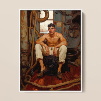 Cruising - Gay Navy Sea Queen Framed Canvas, 12x16’’ / 31x41cm / White Floating Frame, Painting Shirtless Man White Pants Seated Ship’s