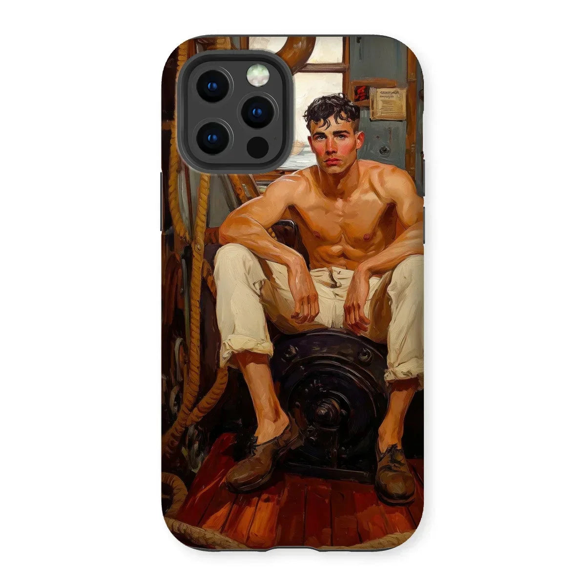 Cruising - Gay Navy Sea Queen Iphone Case, 12 Pro / Matte, Phone Case Painted Portrait Shirtless Young Man Seated