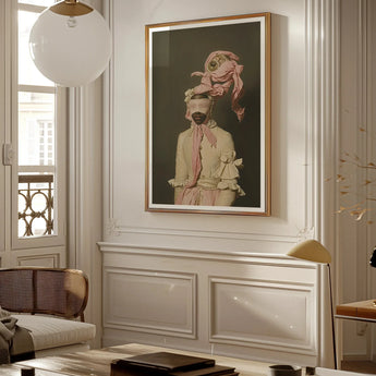 Crystal Clear - Modern Rococo Era Fashion Art Print, Framed Portrait Woman Pink Scarf Blindfold