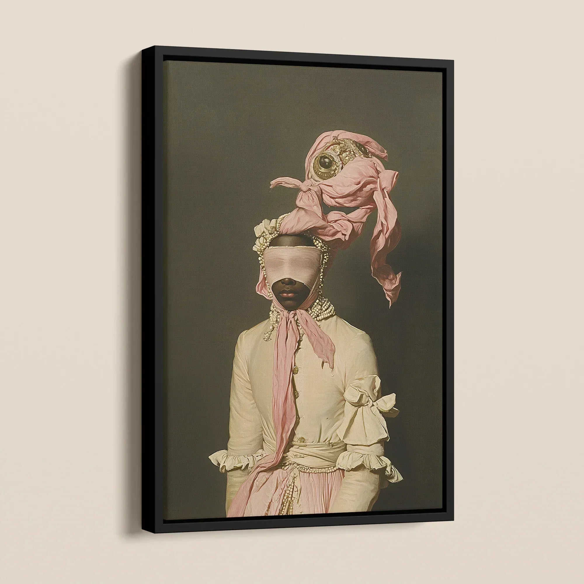 Crystal Clear - Modern Rococo Era Fashion Framed Canvas, Framed Portrait Person Elaborate Pink Attire