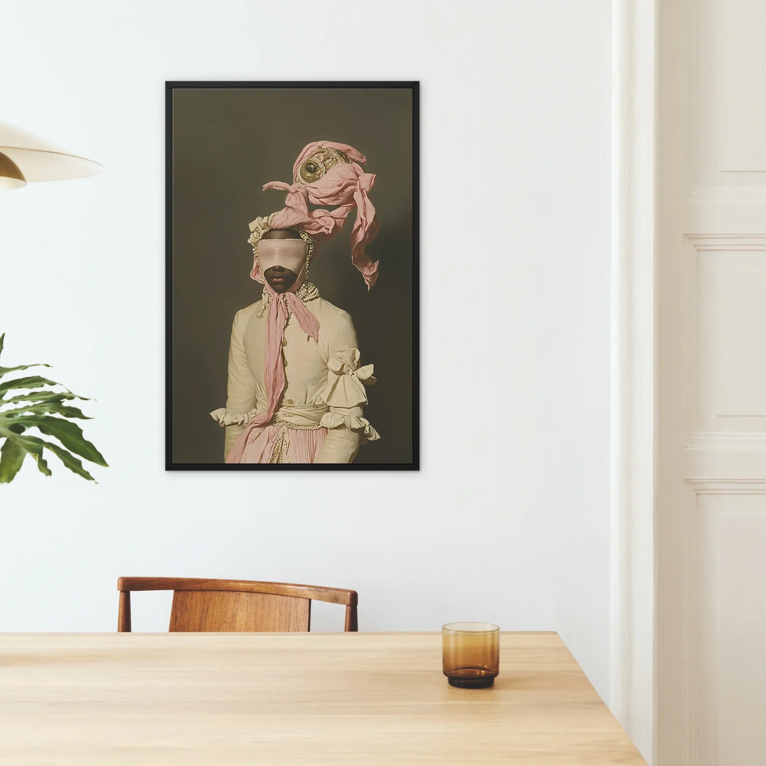Crystal Clear - Modern Rococo Era Fashion Framed Canvas, Framed Portrait Person Pink Fabric