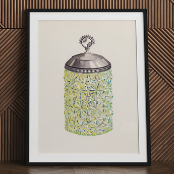 Cut glass jelly jar art print by Dorothy Posten, framed.