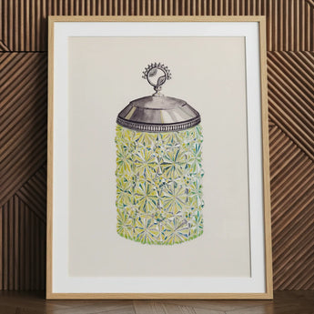Cut glass jelly jar art print in natural frame
