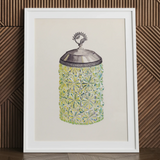 Cut glass jelly jar art print by Dorothy Posten, framed.
