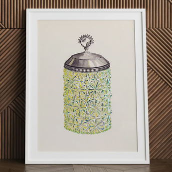 Cut glass jelly jar art print by Dorothy Posten, framed.