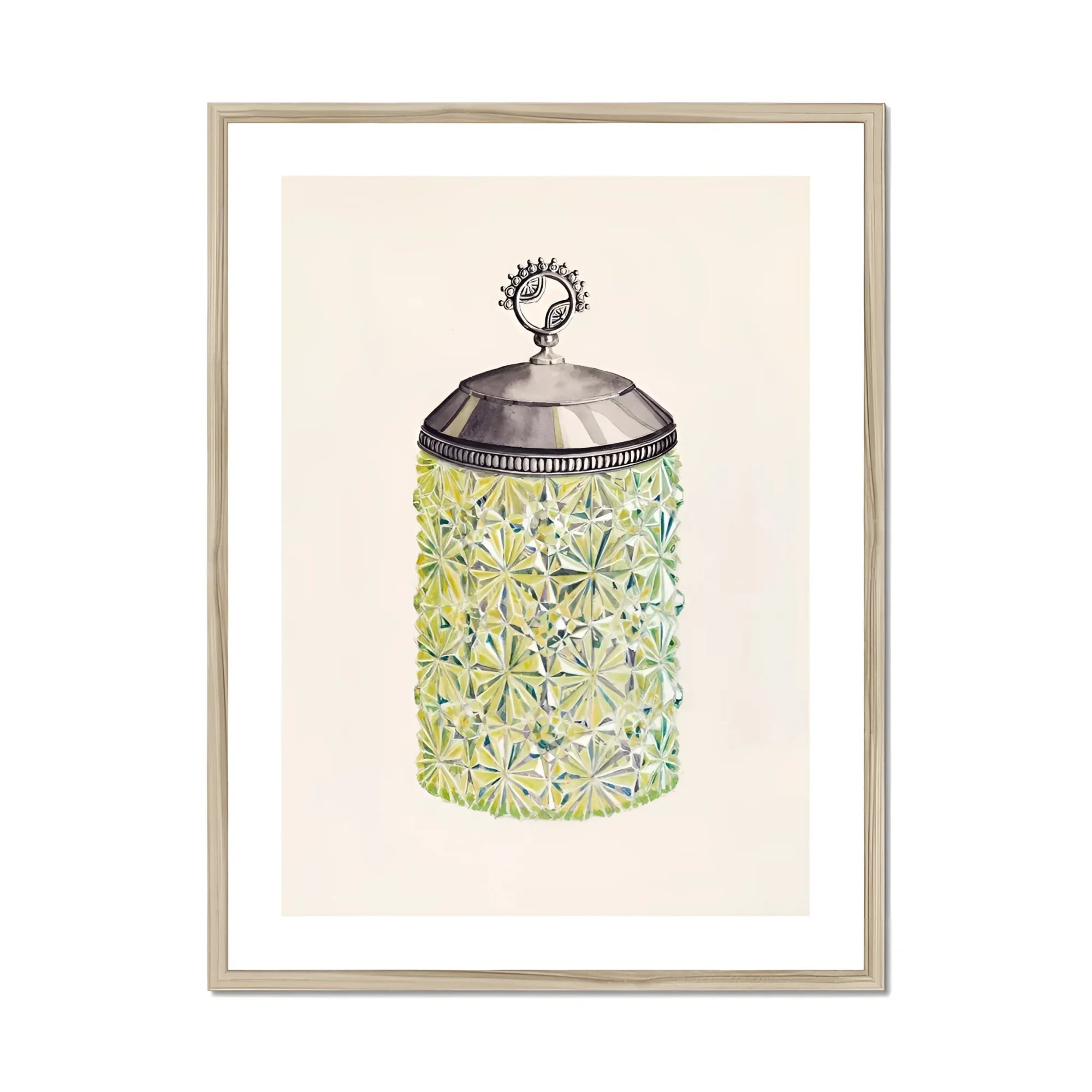Cut Glass Jelly Jar - Dorothy Posten Decorative Art Print, Decorative Glass Jar Metallic Lid Floral Pattern Green