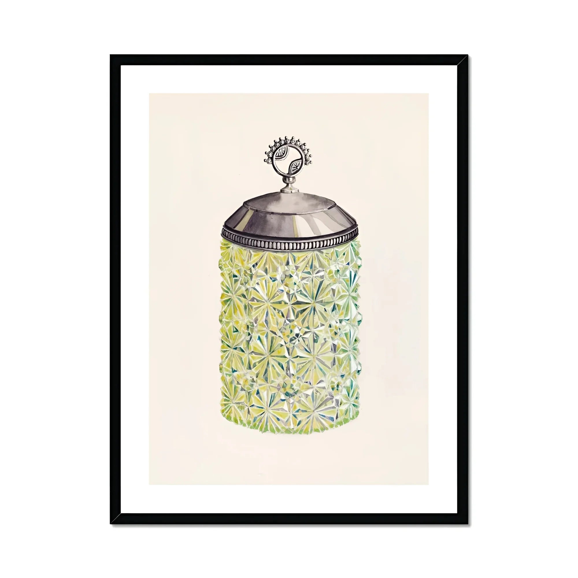 Cut Glass Jelly Jar - Dorothy Posten Decorative Art Print, Decorative Glass Jar Metallic Lid Floral Pattern Green