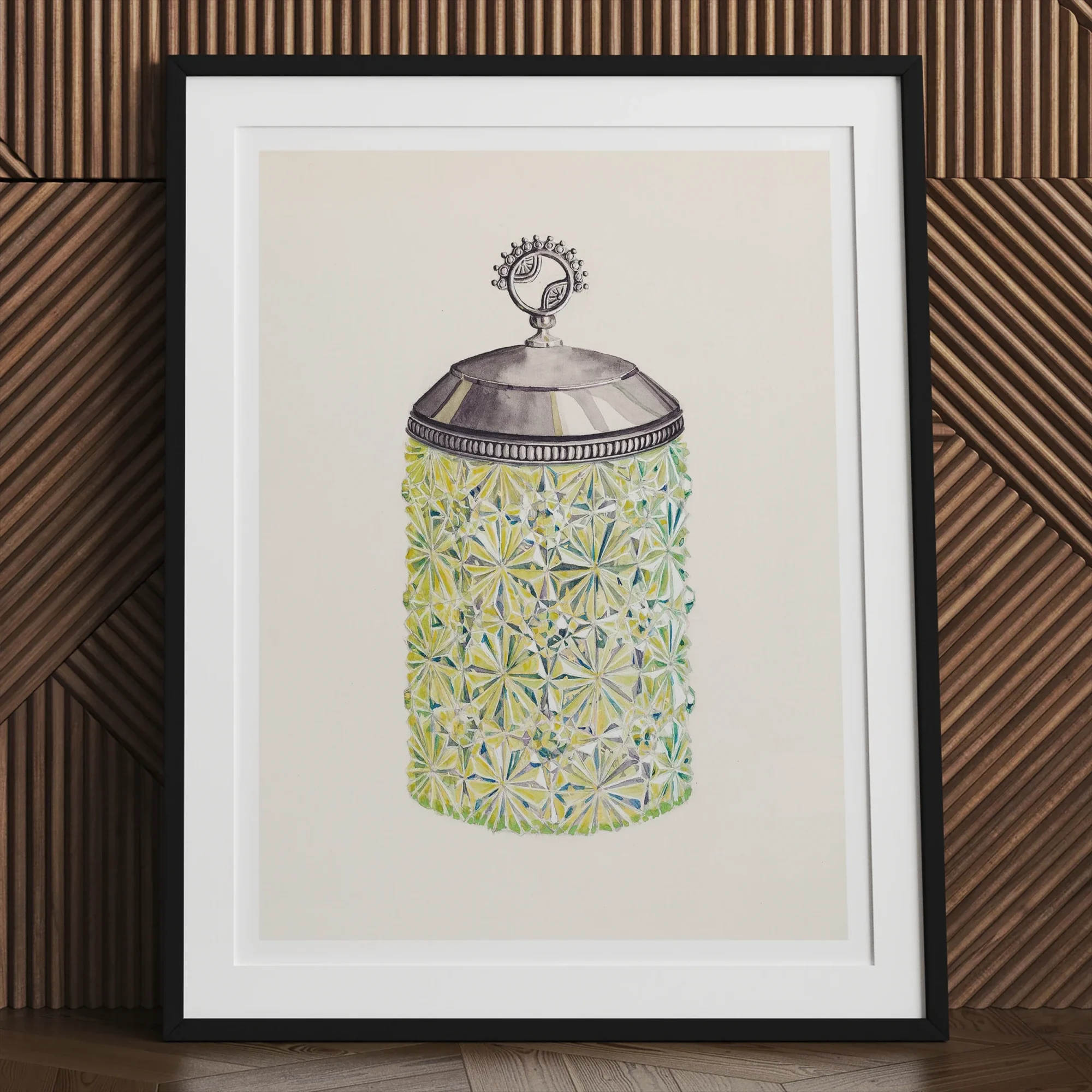 Cut Glass Jelly Jar - Dorothy Posten Decorative Art Print, Ornate Glass Jar Metal Lid Decorative Green Floral