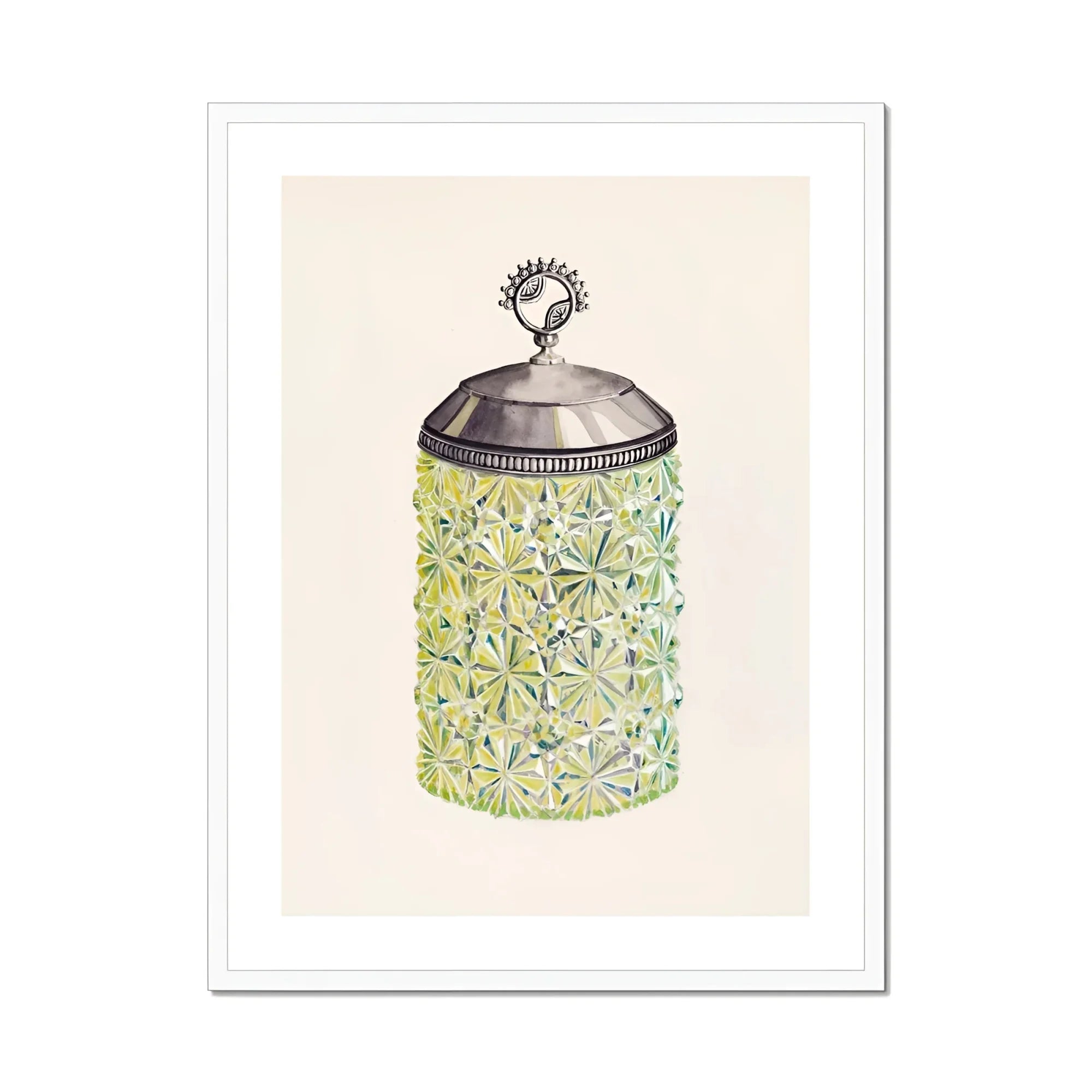 Cut Glass Jelly Jar - Dorothy Posten Decorative Art Print, Decorative Glass Jar Silver Lid Floral Pattern Green