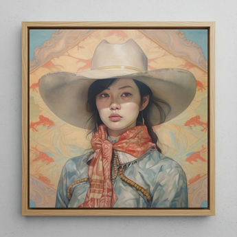 Dai Lu - Chinese Lesbian Cowgirl Framed Canvas, 12x12’’ / 31x31cm / Natural Floating Frame, Framed Painting Asian Woman Cowboy Hat Scarf