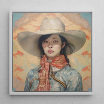 Dai Lu - Chinese Lesbian Cowgirl Framed Canvas, 12x12’’ / 31x31cm / White Floating Frame, Framed Portrait Woman Cowboy Hat