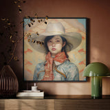 Dai Lu - Chinese Lesbian Cowgirl Framed Canvas, Framed Portrait Person Wide-brimmed White Hat Colorful Scarf