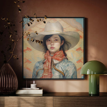 Dai Lu - Chinese Lesbian Cowgirl Framed Canvas, Framed Portrait Person Wide-brimmed White Hat Colorful Scarf