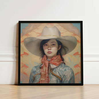 Framed Artwork Woman Wide-brimmed White Hat Orange Patterned Gaysian Lesbian Cowgirl, Elegant Outlaw Reminding, Spirit’s Queer