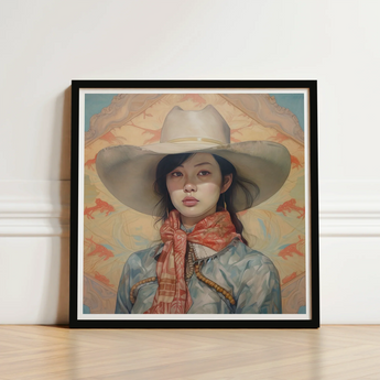 Framed Portrait Woman Wide-brimmed White Cowboy Hat Light Gaysian Lesbian Cowgirl, Elegant Outlaw Reminding, Spirit’s Queer