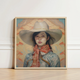 Framed Painting Woman Wide-brimmed White Hat Patterned Scarf Gaysian Lesbian Cowgirl, Elegant Outlaw Reminding, Spirit’s Queer